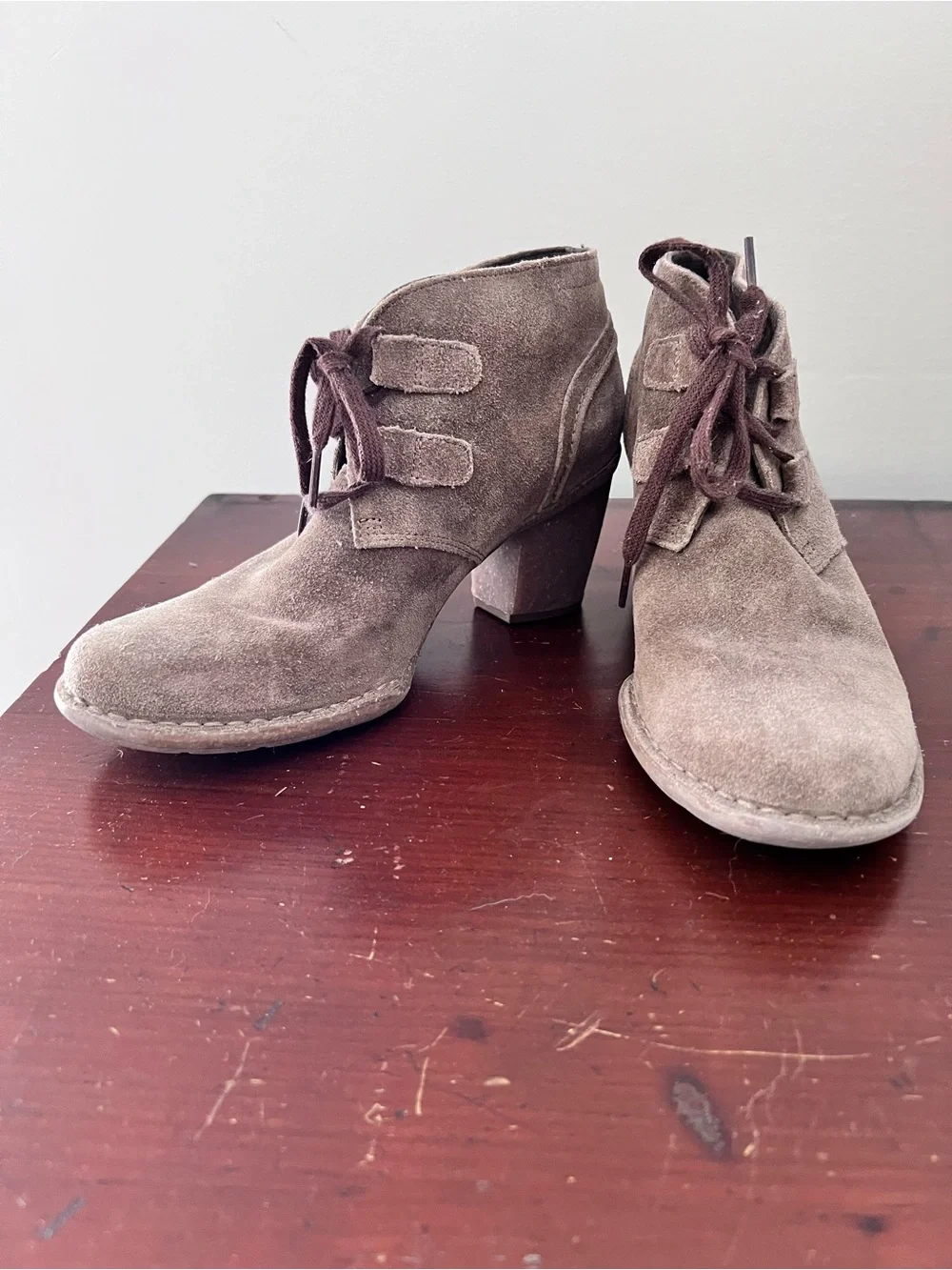 Clark’s Suede Taupe Lace-up Ankle Boot with strong heel